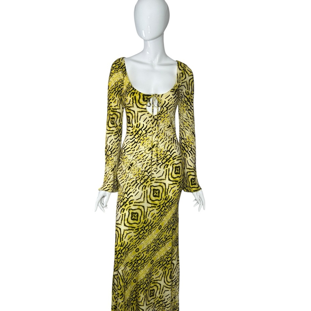 Princess Polly Maxi Dress Size 4 Yellow Black Long Sleeve Printed Setting Sun